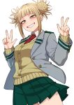  1girl absurdres blonde_hair blunt_bangs boku_no_hero_academia breasts double_bun double_w green_skirt grey_jacket hair_bun highres jacket kobaji long_sleeves looking_at_viewer medium_breasts messy_hair necktie red_necktie school_uniform skirt smile solo sweater_vest teeth toga_himiko u.a._school_uniform w yellow_eyes 