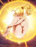  1girl bare_arms bare_legs barefoot bent_back blonde_hair blush breasts closed_eyes completely_nude crop_top english_commentary feet fetal_position folded full_body high_ponytail knees_up legs legs_together long_hair medium_breasts metroid mina_cream nipples nude samus_aran short_shorts shorts solo sports_bra super_metroid thighs toenails toes 