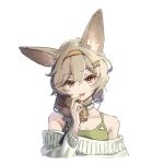  1girl :p animal_ear_fluff arknights bare_shoulders beanstalk_(arknights) beanstalk_(gift_uncompleted)_(arknights) bell braid commentary cropped_torso dress green_dress hair_ornament hairband hairclip head_tilt highres hyena_ears hyena_girl iasimo light_brown_hair looking_at_viewer medium_hair neck_bell off-shoulder_sweater off_shoulder official_alternate_costume orange_eyes simple_background solo sweater tongue tongue_out white_background white_sweater 
