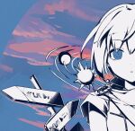  1girl blue_eyes blue_sky cloud commentary_request eyelashes greyscale_with_colored_background looking_at_viewer nou_(nounknown) parted_lips planet planetary_ring road_sign sash scarf second-party_source short_hair short_sleeves sign sky solo spot_color straight-on sun_(ornament) upper_body vocaloid 