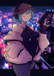  1girl absurdres black_leotard blue_hair blurry blurry_background breasts brown_headwear cabbie_hat cirno cirno_(cookie) city city_lights closed_mouth collared_leotard commentary_request cookie_(touhou) cosplay cowboy_shot cyberpunk_(series) cyberpunk_edgerunners earmuffs expressionless grey_eyes grey_pantyhose gun hair_between_eyes hand_in_pocket handgun hat highres holding holding_gun holding_weapon jacket jacket_partially_removed leotard looking_at_viewer lucy_(cyberpunk) lucy_(cyberpunk)_(cosplay) medium_bangs medium_breasts neck_ribbon pantyhose ribbon short_hair solo tatamaru5382 touhou weapon white_jacket 
