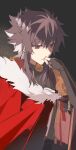  1boy absurdres black_hair cape charlemagne_(fate) closed_mouth fate/grand_order fate_(series) fingerless_gloves fur-trimmed_cape fur_trim gloves grey_background hand_to_own_mouth highres idass_(idass16) light looking_down male_focus multicolored_hair red_cape red_eyes short_hair sidelocks simple_background solo streaked_hair thinking two-tone_hair upper_body white_hair 