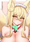  1girl absurdres animal_ear_fluff animal_ears bangs blonde_hair blush breasts cleavage commentary_request crossed_bangs fox_ears fox_girl fox_tail hair_between_eyes highres hirume_of_heavenly_incense huge_breasts kyuubi last_origin long_hair looking_at_viewer magatama maid_headdress multiple_tails namaata parted_lips sidelocks simple_background solo tail twitter_username upper_body 