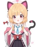  1girl ? absurdres animal_ear_headphones animal_ears black_skirt blonde_hair blue_archive blue_necktie blush cat_tail collared_shirt fake_animal_ears halo headphones highres jacket juliahsl long_sleeves momoi_(blue_archive) necktie open_mouth pink_halo pleated_skirt red_eyes shirt short_hair signature skirt solo tail white_jacket white_shirt wide_sleeves 
