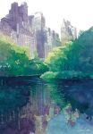  artworksmil building central_park_(new_york) city new_york no_humans original painting_(medium) park plant realistic reflection reflective_water scenery skyscraper traditional_media 