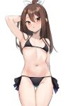  1girl armpits ass_visible_through_thighs bikini black_bikini blush bow breasts brown_eyes brown_hair collarbone cowboy_shot hair_between_eyes hair_bow hand_up high_ponytail highres kantai_collection long_hair looking_at_viewer micro_bikini navel parted_lips side-tie_bikini_bottom sidelocks simple_background small_breasts solo standing stomach swimsuit thigh_gap thighs white_background white_bow zarashi zuihou_(kancolle) 