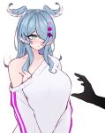  +_+ 1girl 1other aqua_eyes bangs bare_shoulders blue_eyes blue_hair blue_wings blush breasts closed_mouth collarbone dragon_girl elira_pendora hair_ornament hair_over_one_eye head_wings highres imminent_grope large_breasts long_hair looking_at_another m_r_b mole nijisanji nijisanji_en off_shoulder one_eye_covered sideboob sidelocks simple_background sweater v_arms virtual_youtuber white_background white_sweater wings x_hair_ornament 