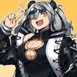  1girl animal_ears arknights bear_ears black_dress black_hair black_jacket breasts china_dress chinese_clothes cleavage_cutout clothing_cutout commentary dress english_commentary eyewear_on_head feater_(arknights) graysheartart grey_hair hair_over_one_eye hand_up highres jacket large_breasts looking_at_viewer looking_down multicolored_hair open_mouth outline panda_ears panda_girl purple-tinted_eyewear signature simple_background smile solo streaked_hair sunglasses tinted_eyewear upper_body yellow_background yellow_eyes 