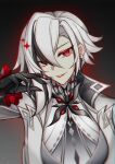  absurdres arlecchino_(genshin_impact) black_eyes charlie_purrito dark_background evil_smile genshin_impact highres looking_at_viewer mature_female shirt smile smirk solo solo_focus symbol-shaped_pupils white_hair white_shirt x-shaped_pupils 