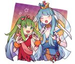  2girls bare_shoulders blue_hair border candy claw_pose closed_eyes collarbone commentary_request dragon_wings fang fire_emblem fire_emblem:_mystery_of_the_emblem fire_emblem:_the_blazing_blade fire_emblem_heroes food gradient_background green_eyes green_hair haconeri halloween halloween_costume jewelry long_hair multiple_girls neck_ring ninian_(fire_emblem) ninian_(halloween)_(fire_emblem) official_alternate_costume open_mouth outdoors ponytail purple_background red_shirt shirt smile star_(symbol) teeth tiki_(fire_emblem) tiki_(young)_(fire_emblem) tiki_(young)_(halloween)_(fire_emblem) torn_clothes torn_shirt two-tone_background upper_body upper_teeth_only white_border wings yellow_background 