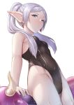  1girl aura_(sousou_no_frieren) aura_bullying_(meme) competition_swimsuit drop_earrings earrings frieren green_eyes grey_hair highres inflatable_toy jewelry meme miga_(migao) one-piece_swimsuit pointy_ears ponytail sousou_no_frieren swimsuit 