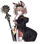  1girl absurdres animal_ears arknights arm_at_side black_jacket brown_eyes brown_hair cat_ears cat_girl dress flower hair_between_eyes hair_flower hair_ornament highres holding holding_staff jacket looking_at_viewer open_clothes open_jacket rose short_hair short_hair_with_long_locks solo staff touko_(toko12_tooko) vendela_(arknights) white_dress white_flower white_rose 
