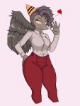 &lt;3 5_fingers anthro bone_frill bottomwear breasts broadfall_pants clothed clothing crossgender diegochirinos20 feathered_wings feathers female fingers frill_(anatomy) goodbye_volcano_high grey_body grey_feathers grey_hair grey_scales hair hand_on_butt looking_at_viewer mtf_crossgender narrowed_eyes naser_(gvh) nasera orange_body pants pterodactylus pterosaur red_bottomwear red_clothing red_pants reptile scales scalie shirt simple_background smile snout solo topwear white_background wings yellow_eyes