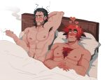  2boys abs afterglow bara blank_stare blush cigarette couple highres i_love_when_people_draw_ships_like_this_actually_(meme) large_pectorals league_of_legends looking_ahead lou_host loving_aura male_focus meme multiple_boys muscular muscular_male navel navel_hair nipples on_bed pectorals raised_eyebrows sett_(league_of_legends) short_hair smoking sylas_(league_of_legends) thick_chest_hair thick_eyebrows topless_male under_covers yaoi 
