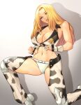  1girl animal_print bikini blonde_hair blue_eyes boots breasts cleavage cow_print dixie_clemets fingerless_gloves gloves grey_background grin highres lips long_hair looking_at_viewer navel rumble_roses seed01010 shadow sleeveless smile solo stomach swimsuit teeth white_bikini white_footwear white_gloves wrestling_outfit 