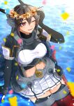  1girl birthday black_gloves black_hair breasts commentary_request confetti dated elbow_gloves flower garter_straps gloves hair_between_eyes head_wreath headgear highres kantai_collection large_breasts long_hair looking_at_viewer machi_(ritovoyage) miniskirt nagato_(kancolle) nagato_kai_ni_(kancolle) one_eye_closed open_mouth orange_flower partially_fingerless_gloves pleated_skirt red_eyes red_thighhighs ripples rudder_footwear sitting skirt solo tassel thighhighs twitter_username water white_skirt 