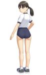  1girl ankle_socks ass black_eyes black_hair black_scrunchie blue_buruma buruma closed_mouth full_moon grey_footwear gym_shirt hair_ornament hair_scrunchie highres looking_at_viewer looking_back maburu_(lojyq1eur3e8bit) medium_hair moon original ponytail scrunchie shirt shoes short_sleeves simple_background smile sneakers socks solo standing t-shirt white_background white_shirt white_socks 