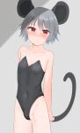 1boy alternate_costume animal_ears bangs bar_censor black_leotard censored closed_mouth commentary_request covered_navel cowboy_shot crossdressing dakuazu genderswap genderswap_(ftm) grey_hair highres leotard looking_at_viewer male_focus mouse_boy mouse_ears mouse_tail nazrin otoko_no_ko penis red_eyes short_hair solo strapless strapless_leotard tail touhou 
