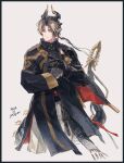  1boy arknights black_coat black_skin brown_hair chong_yue_(arknights) coat colored_skin cracking_knuckles cropped_legs dated dragon_boy dragon_horns dragon_tail grey_background horns long_hair long_sleeves looking_at_viewer male_focus multicolored_hair oisyox72 pants pointy_ears ponytail red_eyes signature simple_background smile solo streaked_hair tail white_pants 