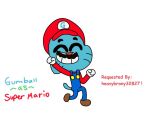 adapted_costume arm_up closed_eyes cosplay facial_hair gloves gumball_watterson mario mario_(cosplay) mario_(series) mario_bros. mustache non-web_source red_headwear smile solo super_mario_world the_amazing_world_of_gumball white_gloves 