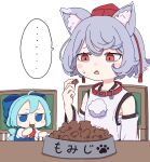  ... 2girls absurdres animal_ears blue_eyes cirno collar dog_ears dog_girl eating fumo_(doll) highres inubashiri_momiji kame_(kamepan44231) multiple_girls pet_food red_eyes spoken_ellipsis touhou translated 