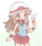  1girl black_wristband blue_shirt brown_hair commentary cowboy_shot dessert food food_on_face green_background grey_eyes hand_up happy hat holding holding_food holding_ice_cream ice_cream ice_cream_cone leaf_(pokemon) long_hair lowres mgomurainu miniskirt pokemon pokemon_frlg red_skirt shirt sidelocks skirt sleeveless sleeveless_shirt smile solo striped striped_background tongue tongue_out white_headwear 