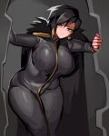  1girl absurdres bent_over binah_(project_moon) black_bodysuit black_cape black_eyes black_hair blonde_hair bodysuit breasts cape closed_mouth earrings full-length_zipper fur-trimmed_cape fur_trim highres holding jewelry large_breasts light_blush lobotomy_corporation mole mole_under_eye morchkins multicolored_hair project_moon short_hair single_earring solo streaked_hair thick_thighs thighs two-tone_hair zipper 