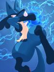  1boy animal_ears animal_feet animal_hands arms_up artist_name attack aura aura_sphere_(pokemon) black_fur blue_background blue_fur blue_theme body_fur commentary_request dated energy full_body furry furry_male highres lemonade_kokoi looking_to_the_side lucario male_focus multicolored_fur partial_commentary pawpads pokemon pokemon_(creature) pokemon_move red_eyes signature simple_background snout solo spikes spread_legs tail thick_thighs thighs twitter_username wolf_boy wolf_ears wolf_tail yellow_fur 