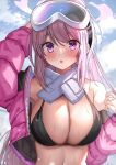  1girl :o ame_sagari arm_behind_head arm_up bikini black_bikini blue_archive blue_sky blush breasts cloud cloudy_sky day down_jacket eimi_(blue_archive) eimi_(swimsuit)_(blue_archive) goggles goggles_on_head hair_between_eyes halo hand_up highres jacket large_breasts long_hair looking_at_viewer off_shoulder official_alternate_costume open_clothes open_jacket outdoors parted_lips pink_eyes pink_hair pink_halo pink_jacket scarf single_bare_shoulder ski_goggles sky solo sweatdrop swimsuit upper_body white_scarf zipper 