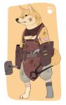  ambiguous_gender animal_ears animal_nose apron bandaged_arm bandaged_leg bandages belt black_eyes blacksmith blacksmith_tongs cross_scar digitigrade dirty dog full_body furry gegegekman gloves hammer highres holding holding_hammer holding_tongs jewelry necklace orange_fur original pants paw_print paw_print_background prosthesis prosthetic_leg scar scar_on_arm scar_on_head shiba_inu signature simple_background tail tongs 