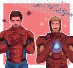  2boys animal_print animification arc_reactor armor bess_break blue_bodysuit blush bodysuit border brown_hair closed_eyes closed_mouth cosplay costume_switch facial_hair flower full_armor hands_up holding holding_mask iron_man iron_man_(cosplay) looking_down male_focus marvel marvel_cinematic_universe mask multicolored_armor multiple_boys open_mouth orange_armor outside_border peter_parker pink_background power_armor red_armor red_bodysuit red_mask short_hair simple_background spider-man spider-man_(cosplay) spider_print spider_web_print standing superhero sweatdrop teeth tongue tony_stark two-tone_bodysuit white_border 