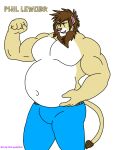  abdominal_bulge anthro belly belly_overhang belt big_belly blue_bottomwear blue_clothing blue_jeans blue_pants bottomwear brown_body brown_fur clothing denim denim_clothing felid flexing_bicep fur hand_on_stomach humanoid jeans lion male male/male mammal musclegut musclegutlion muscular muscular_male navel overweight overweight_male pantherine pants phil_lewobr pink_nose sharp_teeth solo tail_tuft teeth tuft white_body white_fur yellow_body yellow_fur 