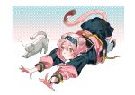  1girl absurdres animal_ears arknights black_footwear black_hairband braid cat cat_ears cat_girl cat_tail commentary_request goldenglow_(arknights) hairband highres imitating long_hair long_sleeves looking_at_animal magnolia29 pink_hair shoes socks solo tail white_socks yellow_eyes 