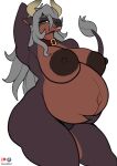 anthro areola belly big_areola big_belly big_breasts bovid bovine breasts brown_body brown_fur cattle collar destabilizer female fur green_eyes grey_hair hair hand_behind_head hi_res horn huge_breasts mammal nipples nude pregnant pregnant_female smile solii_(gizmo1205) solo tail tail_tuft thick_thighs tuft