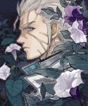  1girl blue_eyes close-up closed_mouth facial_mark flower hair_slicked_back horns ivan_perepelkin looking_at_viewer nagura purple_flower sideways_glance solo terra_formars white_hair 