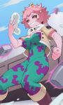  1girl absurdres ashido_mina black_sclera bodysuit boku_no_hero_academia clenched_hand cloud cloudy_sky colored_sclera colored_skin highres koyap looking_at_viewer pink_hair pink_skin short_hair short_sleeves sky smile solo yellow_eyes 