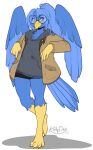  2022 alpha_channel anthro beak blue_body blue_feathers blue_hair digital_media_(artwork) eyewear feathered_wings feathers female glasses hair hi_res kittydee looking_at_viewer simple_background smile solo standing transparent_background wings 