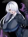  1girl :o absurdres angel_(hz_(666v)) black_eyes black_halo black_jacket black_nails black_pants breasts cleavage colored_skin covered_navel demon dress_shirt grabbing_another&#039;s_arm hair_over_one_eye halo hand_in_own_hair highres huge_breasts hz_(666v) jacket large_breasts leotard long_hair looking_at_viewer navel open_mouth original paid_reward_available pants purple_skin shirt suit_jacket teeth tight_clothes upper_teeth_only 