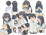  1boy 1girl :o arms_around_neck black_hair blue_eyes blue_neckerchief blue_sailor_collar blue_skirt breast_pocket brown_hair carrying cellphone closed_eyes collared_shirt commentary_request cropped_legs crying flip_phone flower hanashiro_anzu hand_on_another&#039;s_face hetero holding holding_flower holding_phone lap_pillow long_hair looking_ahead looking_at_another multiple_views natsu_e_no_tunnel_sayonara_no_deguchi neckerchief o_o open_mouth out_of_frame own_hands_together pants phone piggyback pleated_skirt pocket profile purple_eyes sailor_collar school_uniform serafuku shirt short_hair short_sleeves sideways_glance sitting skirt slit_pupils straight_hair sunflower touno_kaoru tsubobot v-shaped_eyebrows wariza white_shirt 