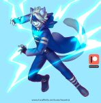 anthro blue_clothing blue_eyes cloak clothed clothing collar digital_media_(artwork) domestic_cat electricity electricity_manipulation elemental_manipulation felid feline felis magic magic_user magician male mammal rexwind smile smirk solo text url