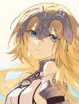  1girl armor blonde_hair blue_eyes chain collar detached_sleeves dress fate/grand_order fate_(series) gradient_background headpiece highres idass_(idass16) jeanne_d&#039;arc_(fate) jeanne_d&#039;arc_(ruler)_(fate) jeanne_d&#039;arc_(third_ascension)_(fate) long_hair looking_to_the_side metal_collar parted_lips portrait simple_background solo upper_body white_dress 