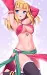  1girl :o bell black_thighhighs blonde_hair blue_eyes blush breasts cowboy_shot dancer detached_sleeves fur-trimmed_thighhighs fur_trim highres large_breasts long_hair navel original pelvic_curtain santa-chan_(sasaame) sasaame solo stirrup_legwear thighhighs toeless_legwear underboob 