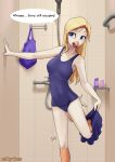  anthro avian bag bird bird_feet blonde_hair blue_eyes bottomwear breasts clothing columbid dialogue dove feathers female hair hi_res inside marie_(pwnagespartan) one-piece_swimsuit open_mouth pwnagespartan shower skirt solo swimwear undressing white_body white_feathers 