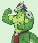 abs alzeaker anthro biceps bone bottomwear clothing green_body green_scales hi_res lihzahrd lizard loincloth male mask muscular muscular_anthro muscular_male nipples pecs reptile scales scalie skull skull_mask solo terraria witch_doctor_(terraria)
