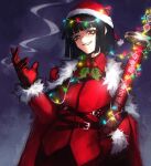  1girl absurdres black_hair cape christmas_lights cigarette collared_jacket fur-trimmed_sleeves fur_trim gloves hand_up hat highres holding holding_cigarette holding_sword holding_weapon holly jacket limbus_company ootachi parted_lips project_moon red_cape red_eyes red_gloves red_jacket ryoshu_(project_moon) santa_hat selllrom short_hair smile smoke solo sword weapon 