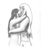 anthro areola biped clothed clothing dark_hair duo early_2000s embrace eyes_closed felid graphite_(artwork) hair hug human human_on_anthro interspecies leonidae lion long_hair male male/male mammal mane mane_hair monochrome nipples nude nude_human nuzzling pantherine pencil pencil_(artwork) shaded side_view standing topless topless_anthro traditional_media_(artwork)