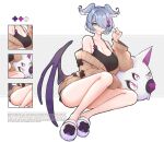  +_+ 1girl absurdres alternate_costume aqua_eyes bangs bare_legs bare_shoulders black_shirt blue_hair blue_wings breasts camisole cardigan casual cleavage closed_mouth collarbone dragon_girl dragon_wings elira_pendora english_text full_body hair_ornament hair_over_one_eye head_wings highres large_breasts long_sleeves looking_at_viewer low_wings m_r_b medium_hair mole nijisanji nijisanji_en one_eye_covered pikl_(elira_pendora) pillow shirt simple_background slippers smile swept_bangs virtual_youtuber wings x_hair_ornament 