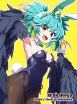  1girl akaneya alternate_costume animal_ears bare_shoulders bird_legs black_feathers black_leotard black_pantyhose black_wings blue_hair bow bowtie breasts brown_eyes claws colored_inner_hair commentary_request commission detached_collar fake_animal_ears fake_tail fang feathered_wings feathers green_bow green_bowtie green_hair harpy highleg highleg_leotard indie_virtual_youtuber leotard lincoro looking_at_viewer medium_breasts medium_hair monster_girl multicolored_hair open_mouth pantyhose playboy_bunny pointy_ears rabbit_ears rabbit_tail red_eyes short_twintails side-tie_leotard simple_background skeb_commission skin_fang solo stomach_tattoo tail tattoo twintails virtual_youtuber white_wrist_cuffs winged_arms wings yellow_background 