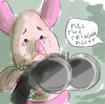 2014 anthro black_eyebrows black_text bodily_fluids crying disney domestic_pig double_barrel_shotgun english_text eyebrows frown gun holding_gun holding_object holding_shotgun holding_weapon iguanamouth low_res male mammal offscreen_character piglet pink_body pink_ears pink_nose ranged_weapon reaction_image sad shotgun sketch solo speech_bubble suid suina sus_(pig) sweat sweaty_face talking_to_another tears text weapon winnie_the_pooh_(franchise)