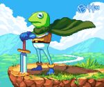  1boy blue_gloves blue_pants blue_sky cape chrono_trigger cliff closed_mouth cloud colored_skin dated english_commentary forest full_body gloves grass green_cape green_skin kermit_the_frog male_focus mountain muppets nature outdoors pants pip_(artofpip) pixel_art river sky solo standing sword weapon 